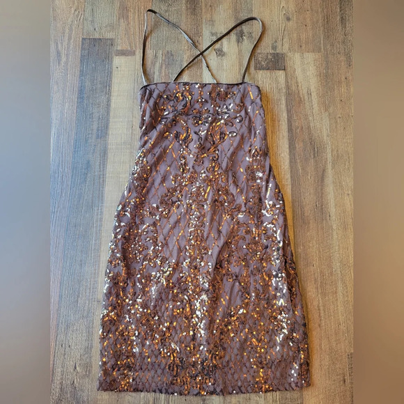 Midnight Doll Brown Sequin Mini Evening Dress - Picture 1 of 6